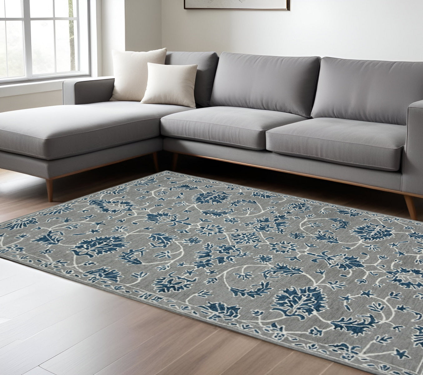 8 X 10 Gray Blue And Ivory Wool Floral Medallion Hand Hooked Area Rug