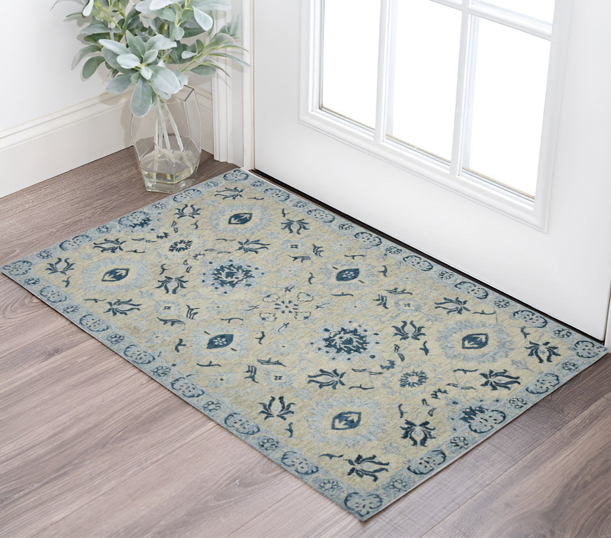 2 X 3 Gray Dark Blue And Light Blue Wool Floral Medallion Hand Hooked Area Rug