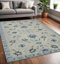 5 X 8 Gray Dark Blue And Light Blue Wool Floral Medallion Hand Hooked Area Rug