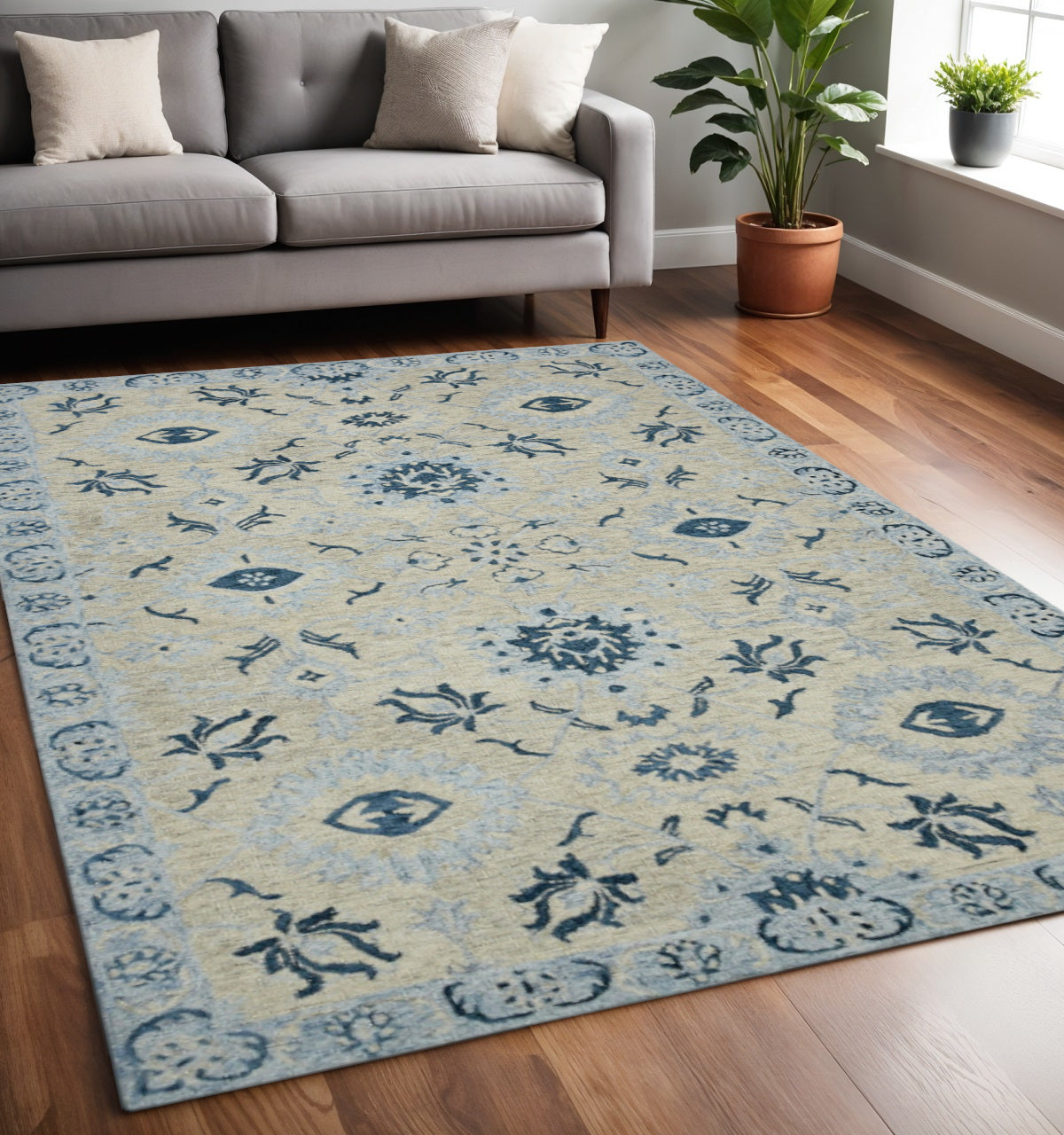 5 X 8 Gray Dark Blue And Light Blue Wool Floral Medallion Hand Hooked Area Rug