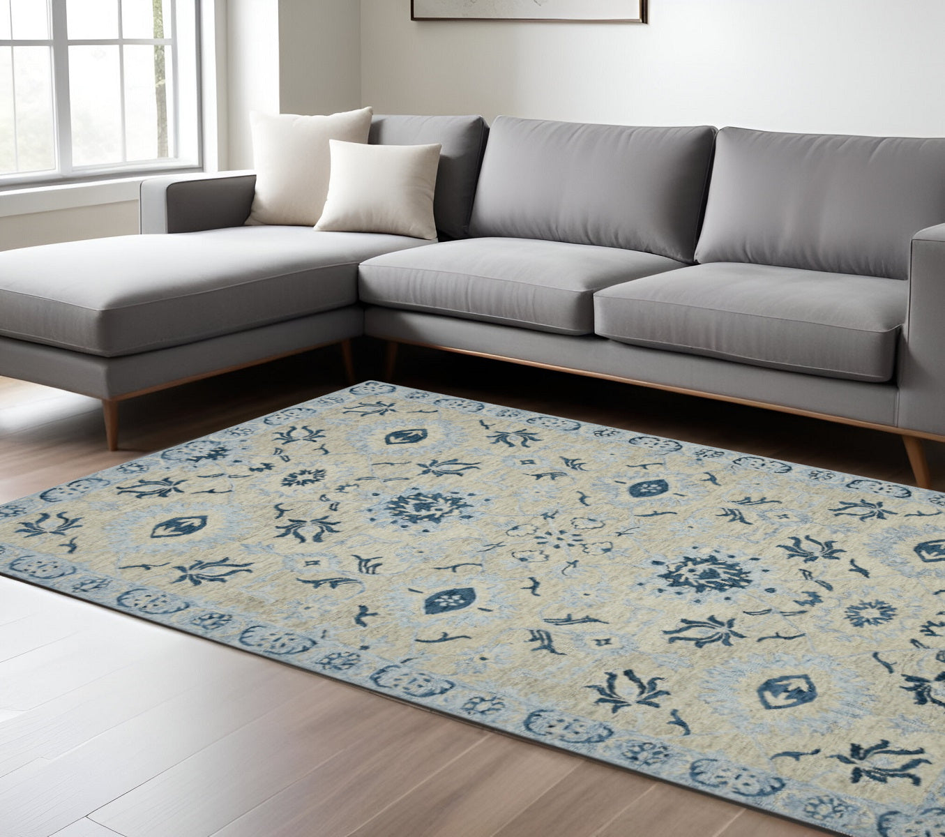 9 X 13 Gray Dark Blue And Light Blue Wool Floral Medallion Hand Hooked Area Rug