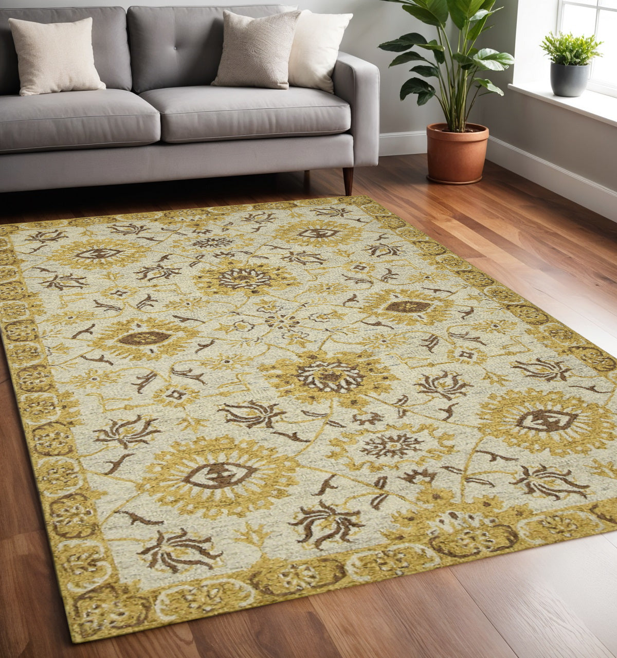5 X 8 Gold Beige And Brown Wool Floral Medallion Hand Hooked Area Rug