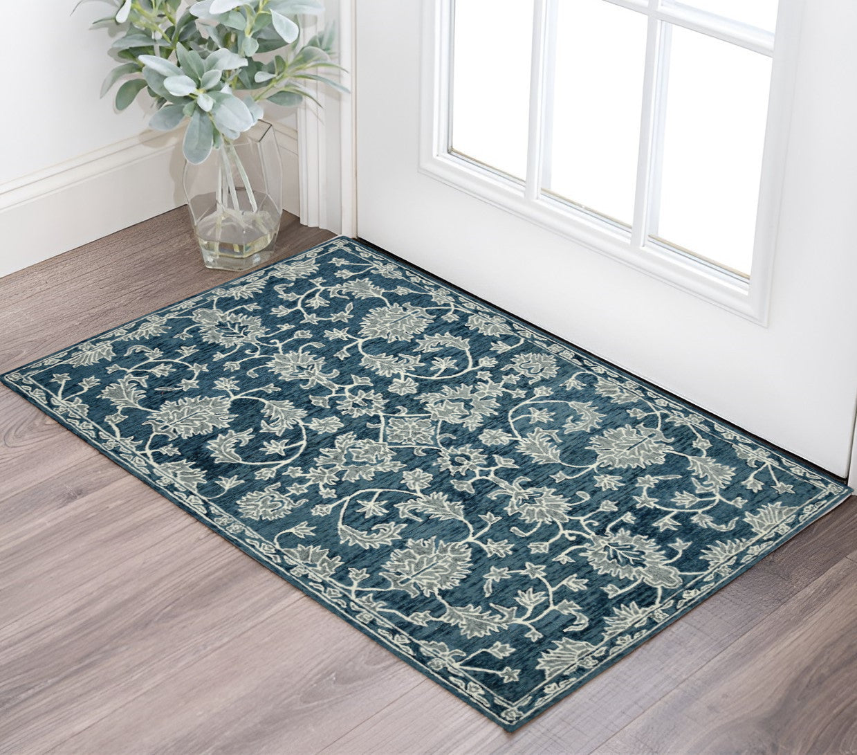 2 X 3 Teal Gray And Ivory Wool Floral Medallion Hand Hooked Area Rug