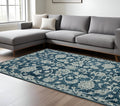 9 X 13 Teal Gray And Ivory Wool Floral Medallion Hand Hooked Area Rug