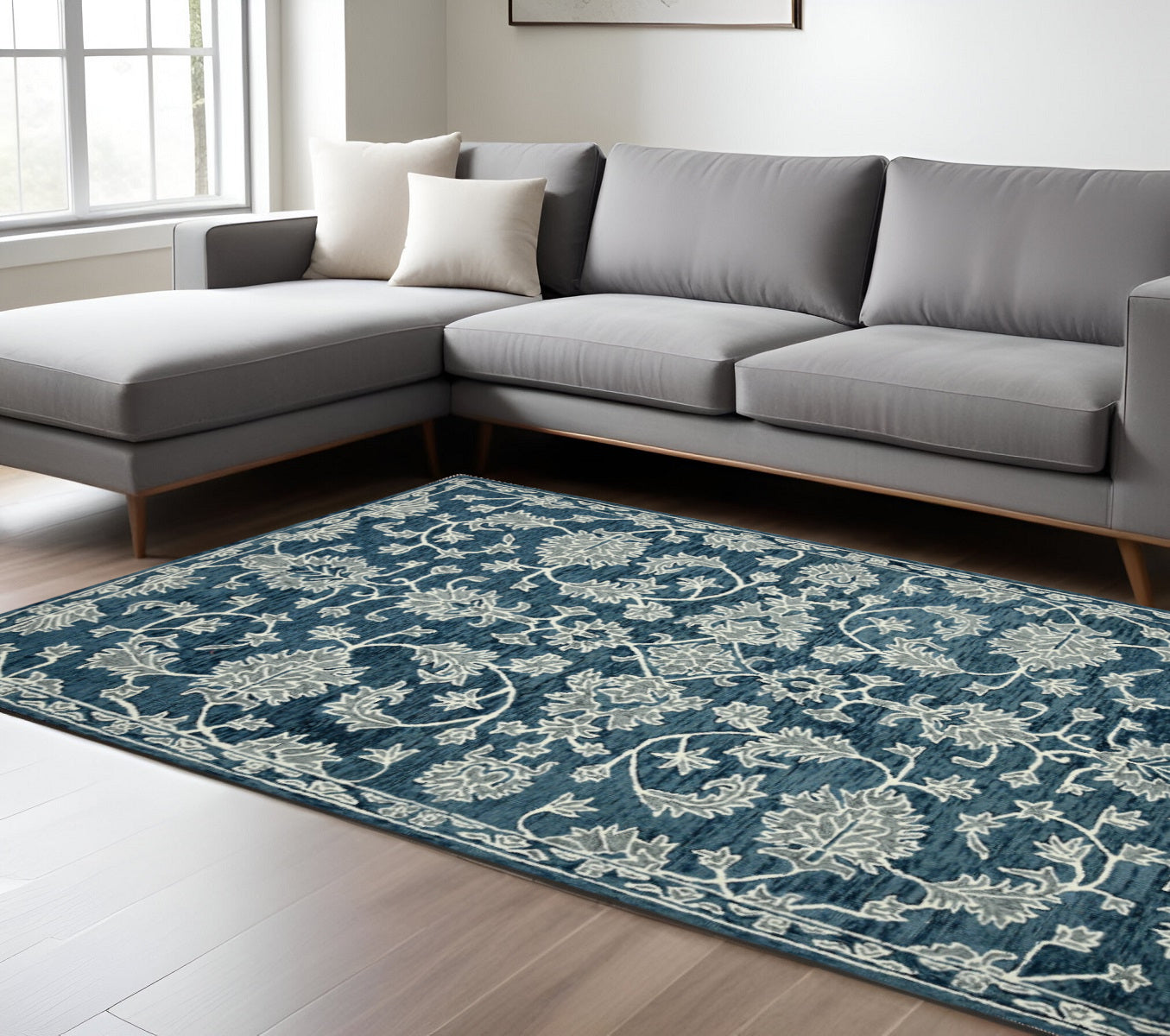 9 X 13 Teal Gray And Ivory Wool Floral Medallion Hand Hooked Area Rug