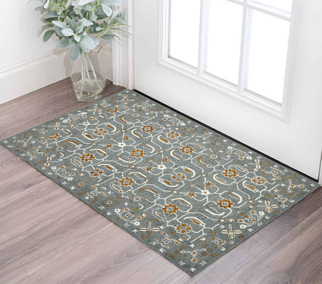 2 X 3 Orange Gray And Ivory Wool Floral Medallion Hand Hooked Area Rug