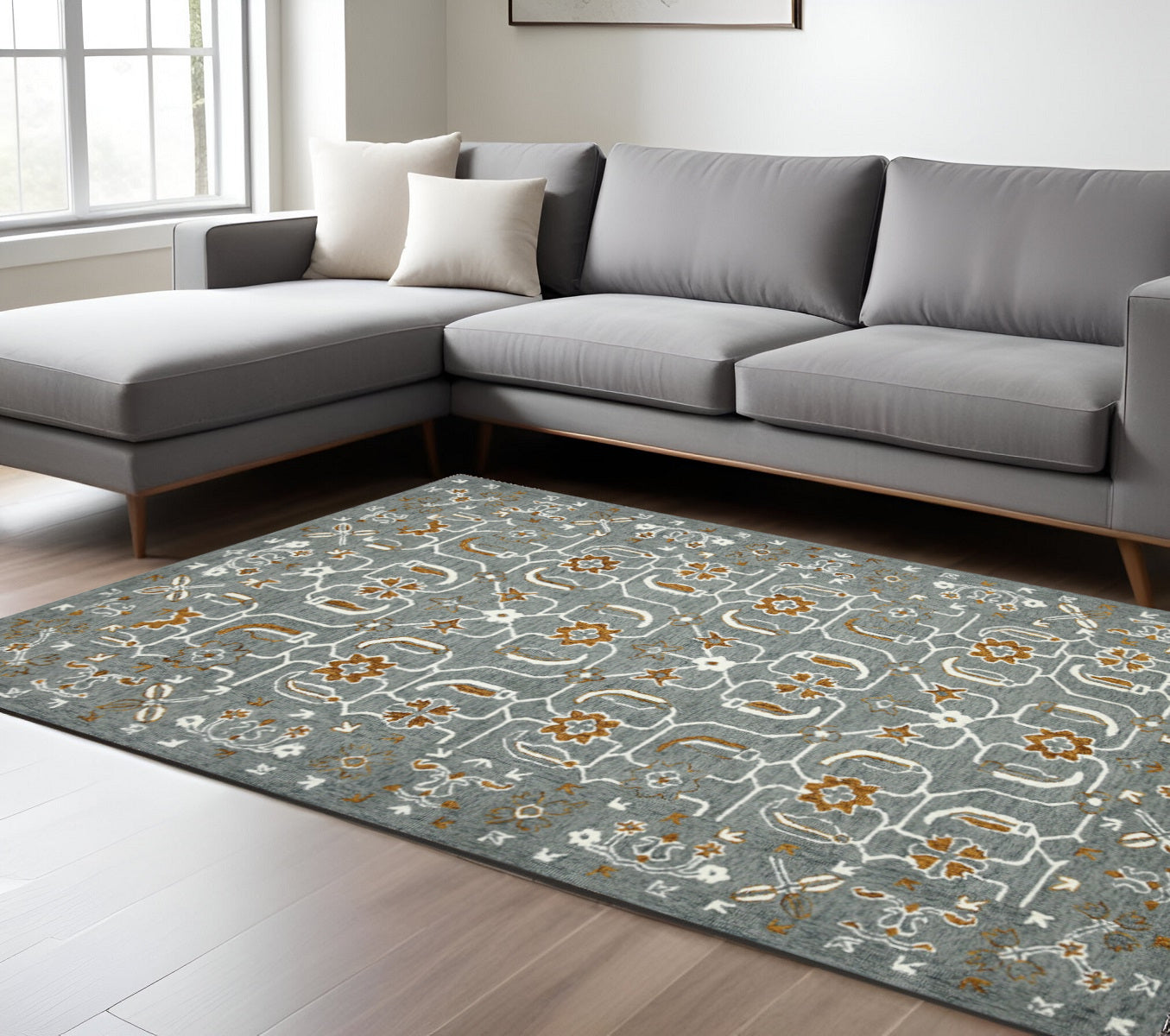 8 X 10 Orange Gray And Ivory Wool Floral Medallion Hand Hooked Area Rug