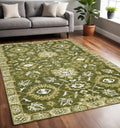 5 X 8 Olive Green Ivory And Light Brown Wool Floral Medallion Hand Hooked Area Rug