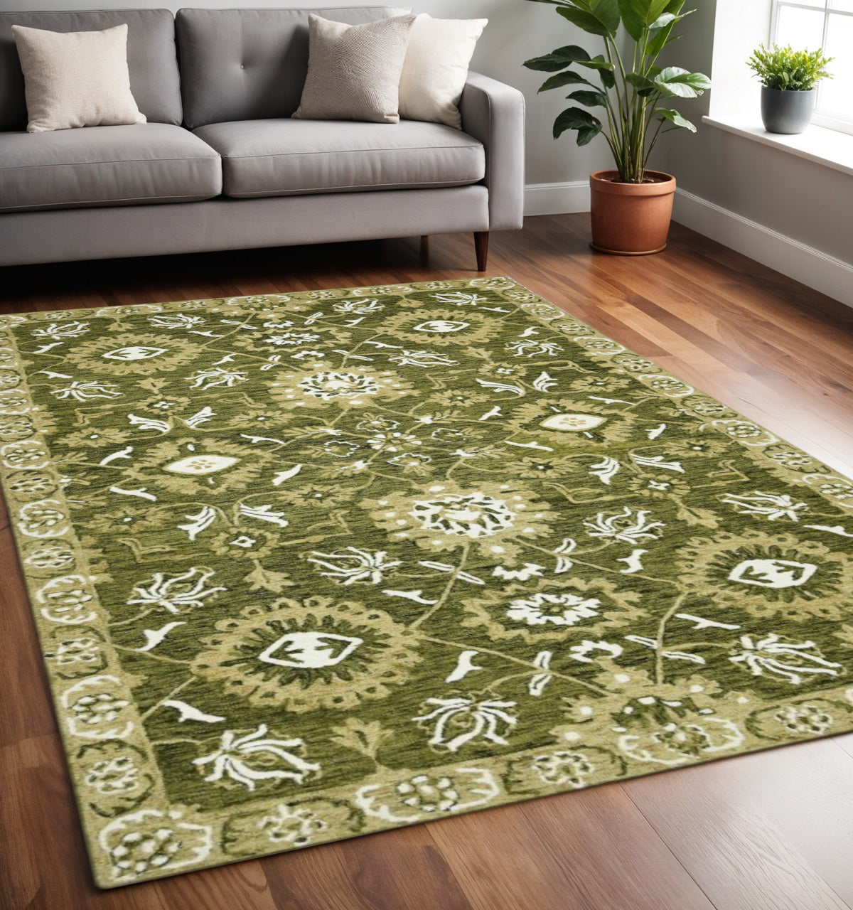 5 X 8 Olive Green Ivory And Light Brown Wool Floral Medallion Hand Hooked Area Rug
