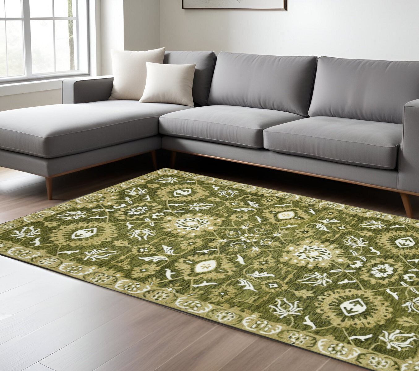 8 X 10 Olive Green Ivory And Light Brown Wool Floral Medallion Hand Hooked Area Rug