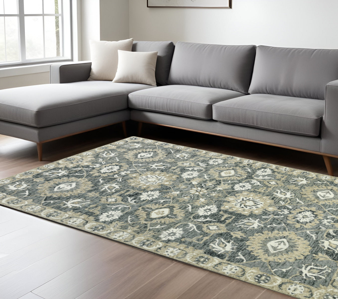 9 X 13 Gray Ivory And Beige Wool Floral Medallion Hand Hooked Area Rug
