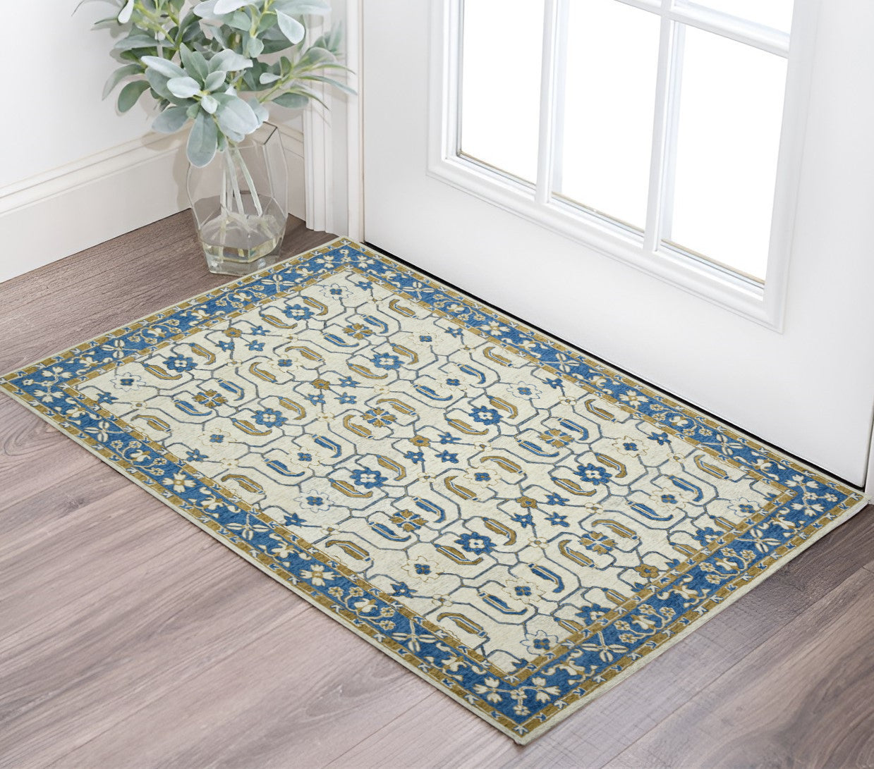 2 X 3 Blue Beige And Brown Wool Oriental Hand Hooked Area Rug