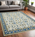 5 X 8 Blue Beige And Brown Wool Oriental Hand Hooked Area Rug