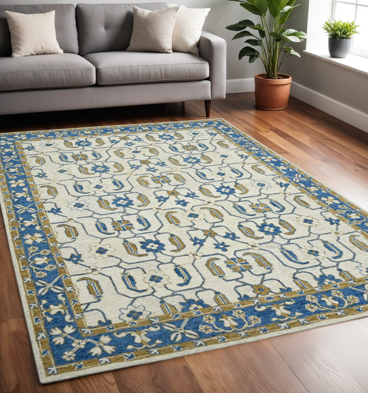 5 X 8 Blue Beige And Brown Wool Oriental Hand Hooked Area Rug