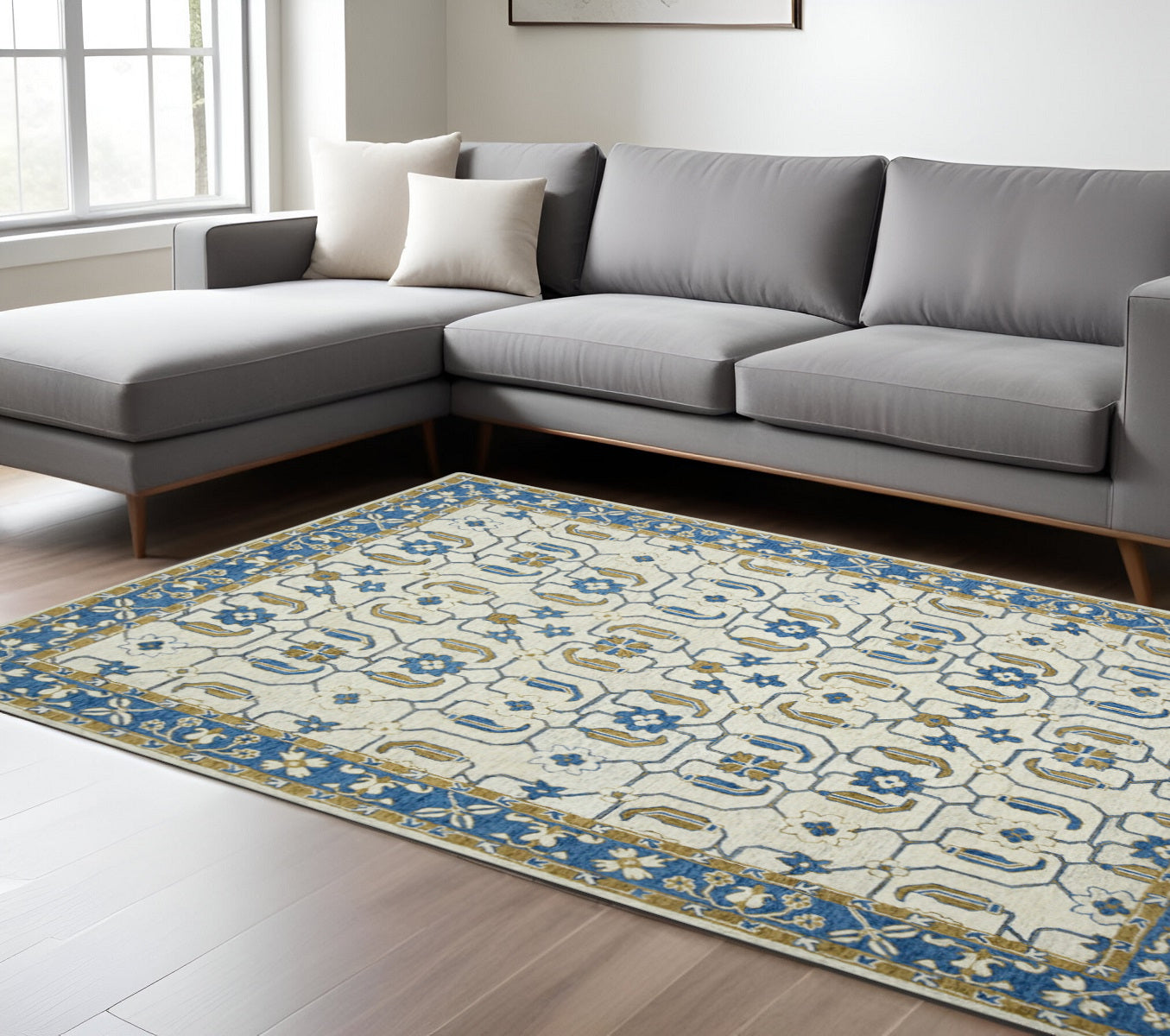 8 X 10 Blue Beige And Brown Wool Oriental Hand Hooked Area Rug