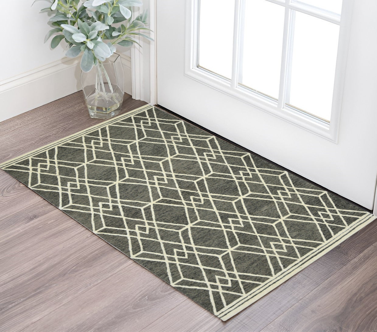 2 X 3 Dark Gray And Ivory Wool Geometric Hand Hooked Area Rug