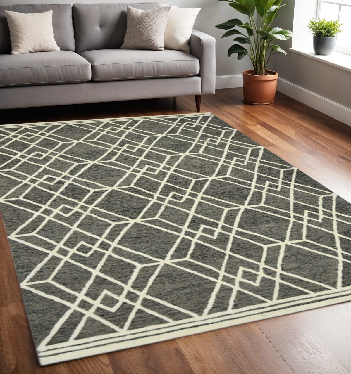 5 X 8 Dark Gray And Ivory Wool Geometric Hand Hooked Area Rug