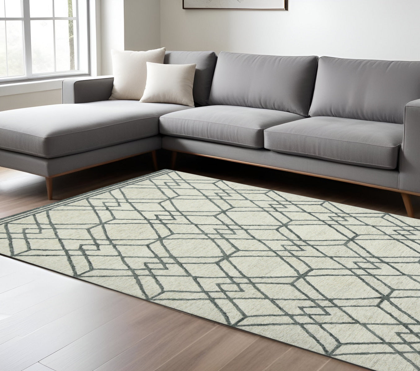 9 X 13 Ivory And Gray Wool Geometric Hand Hooked Area Rug