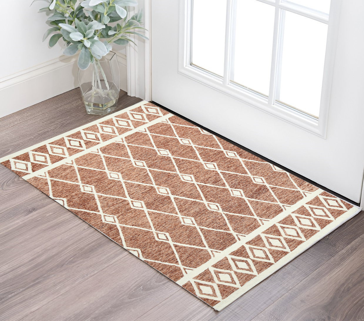 2 X 3 Rust And Ivory Wool Argyle Hand Hooked Area Rug