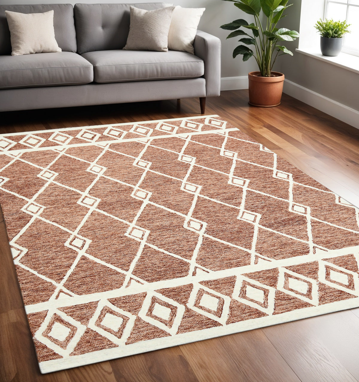 5 X 8 Rust And Ivory Wool Argyle Hand Hooked Area Rug