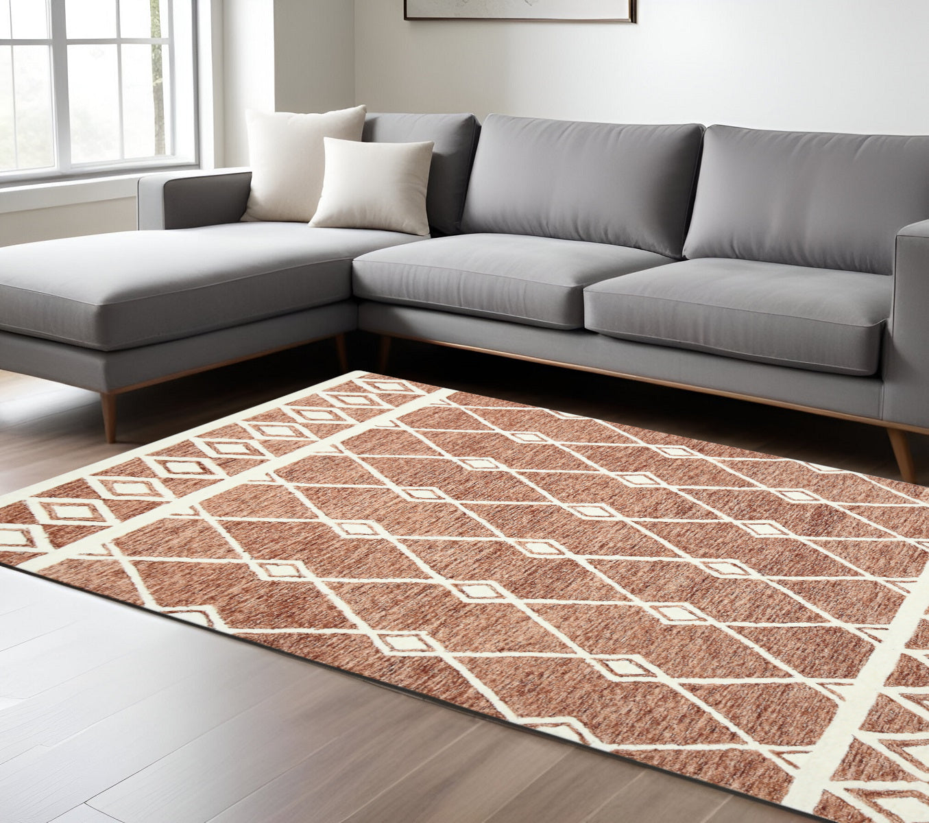 8 X 10 Rust And Ivory Wool Argyle Hand Hooked Area Rug