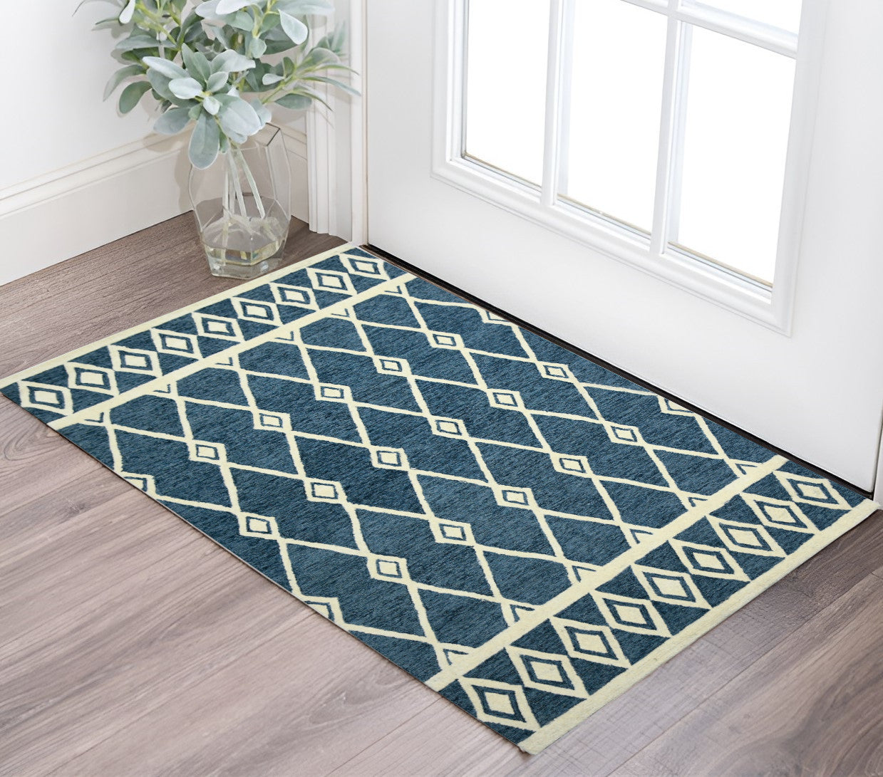 2 X 3 Blue And Ivory Wool Argyle Hand Hooked Area Rug