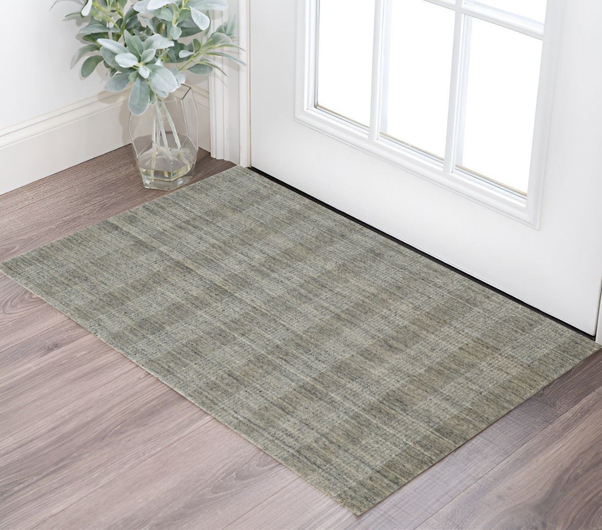 2 X 3 Gray And Beige Wool Plaid Hand Woven Area Rug