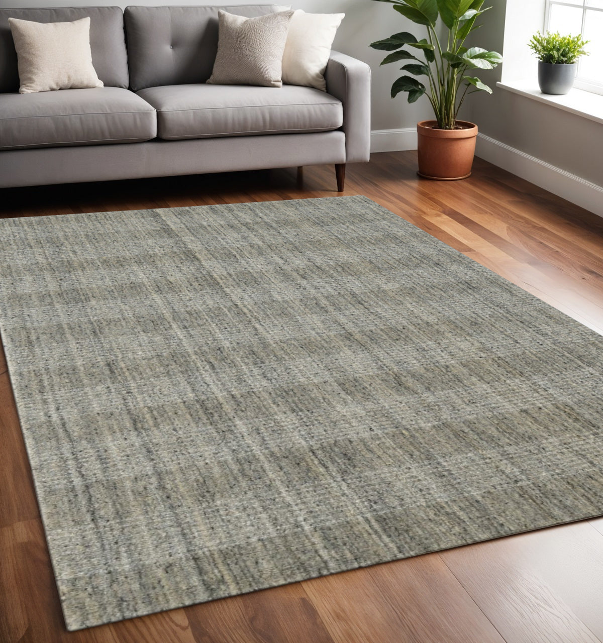 5 X 8 Gray And Beige Wool Plaid Hand Woven Area Rug