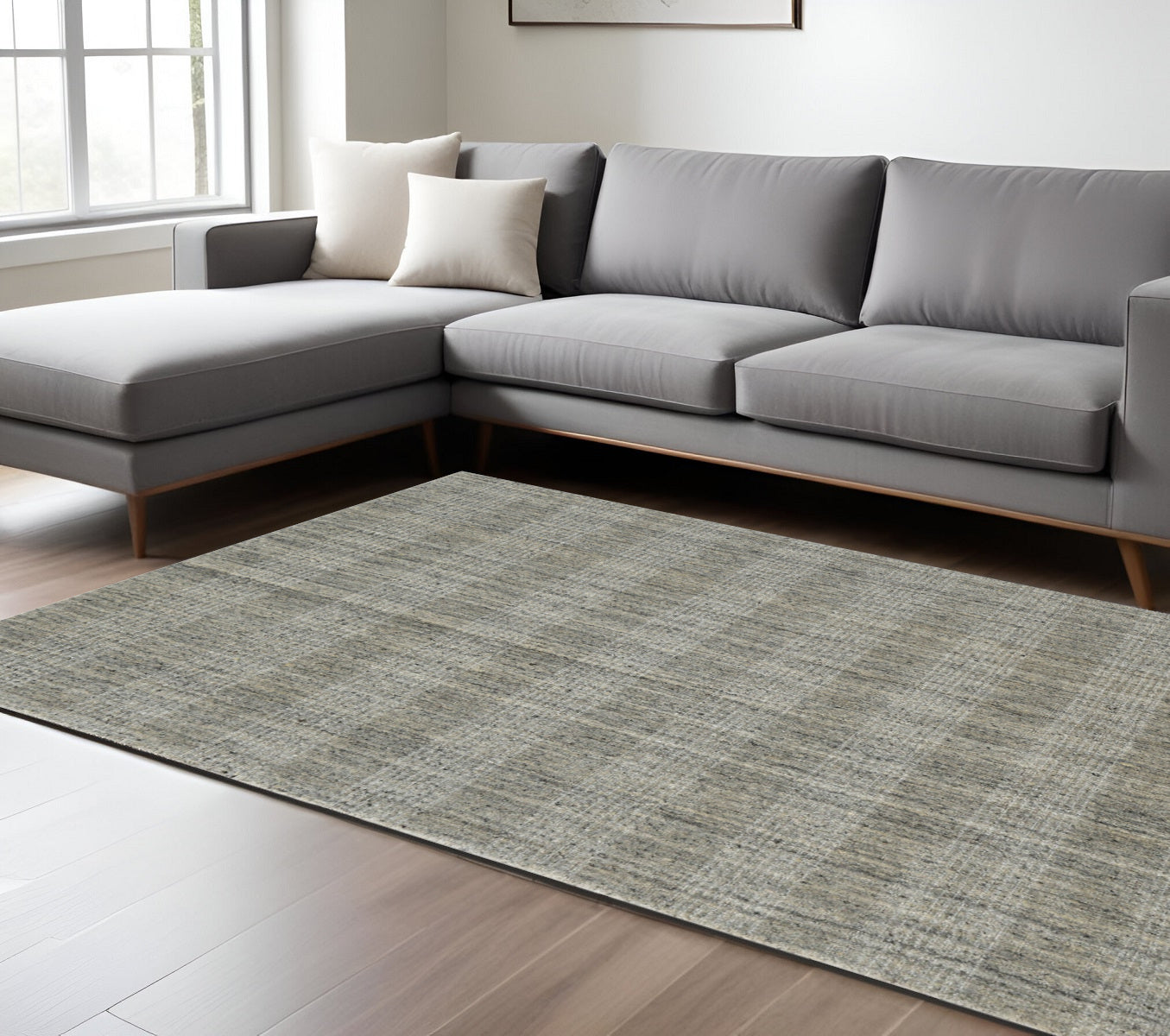 10 X 14 Gray And Beige Wool Plaid Hand Woven Area Rug