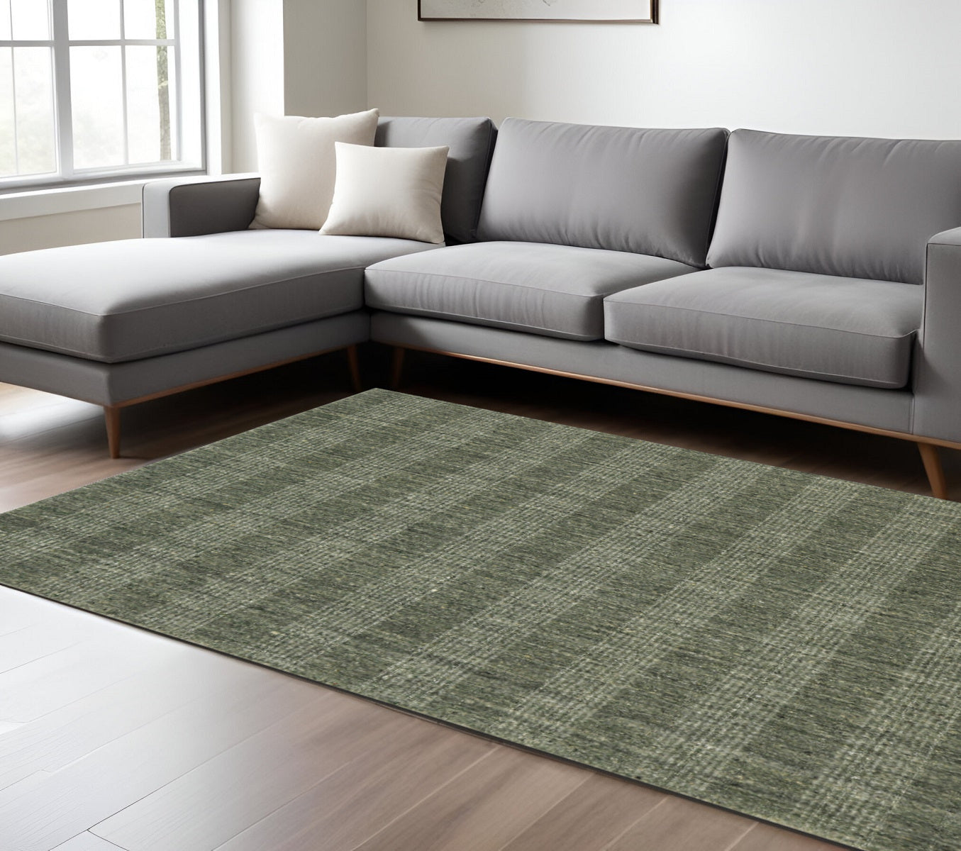 8 X 10 Green Gray And Ivory Wool Plaid Hand Woven Area Rug