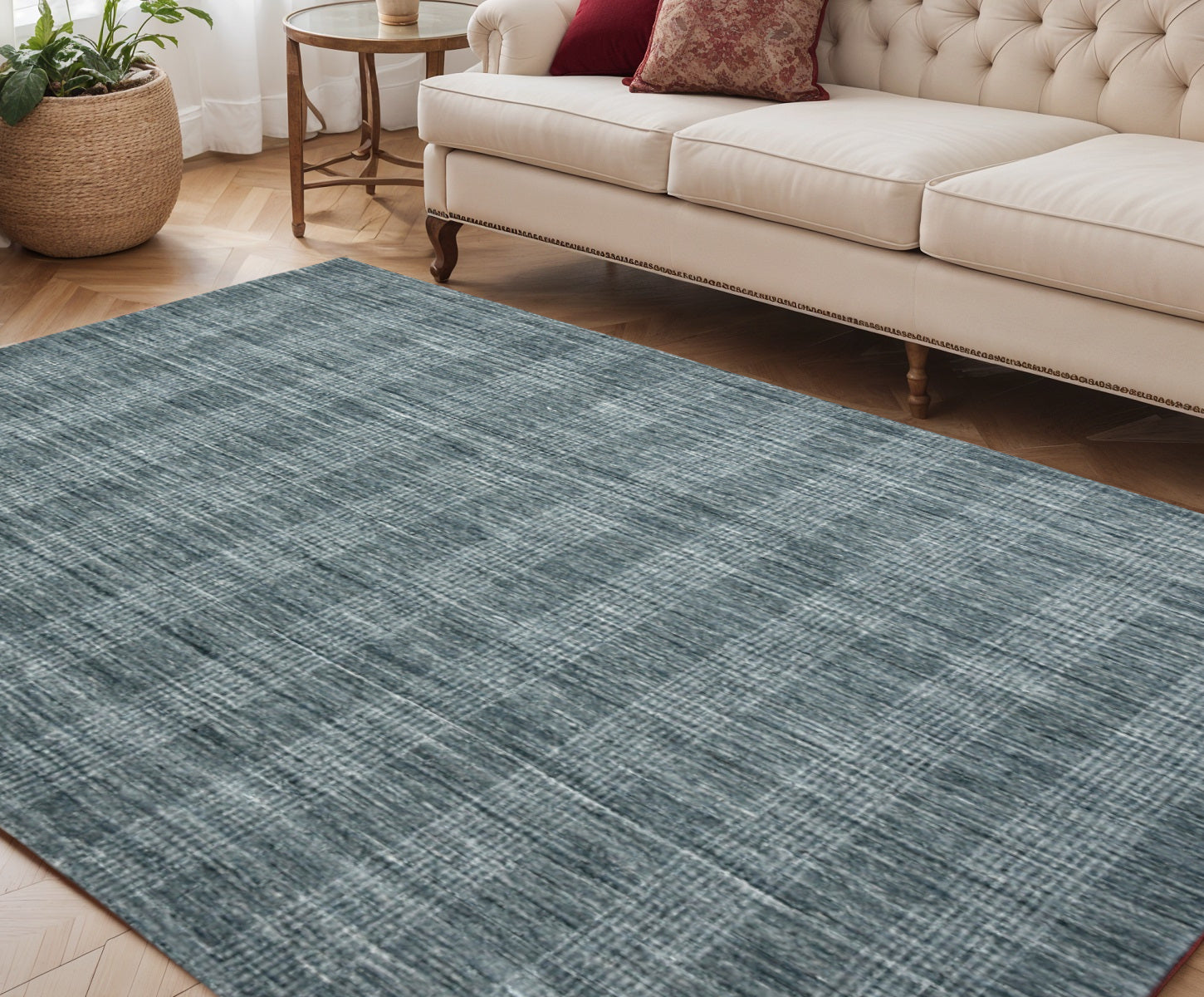 5 X 8 Blue And Ivory Wool Plaid Hand Woven Area Rug