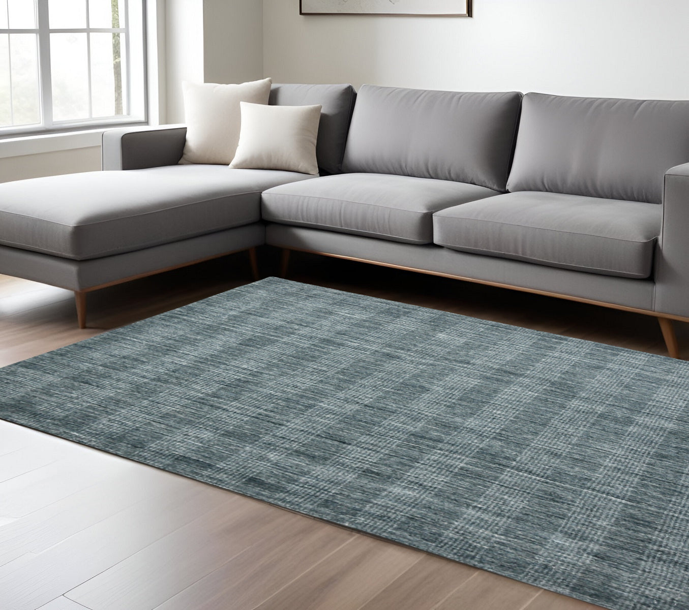 8 X 10 Blue And Ivory Wool Plaid Hand Woven Area Rug