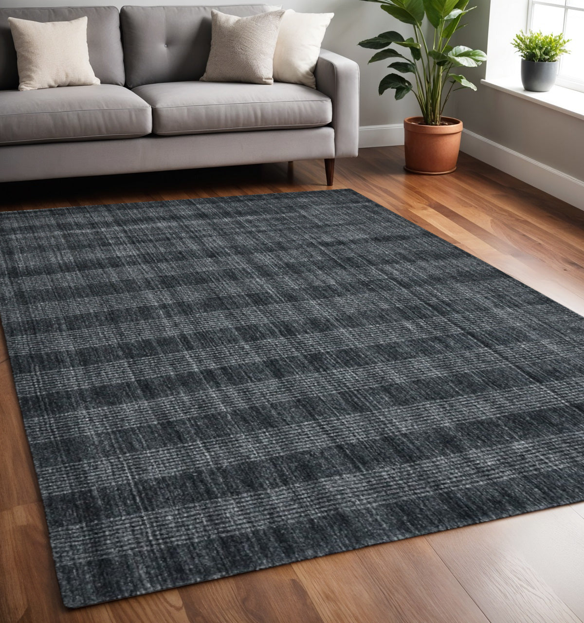5 X 8 Charcoal And Gray Wool Plaid Hand Woven Area Rug