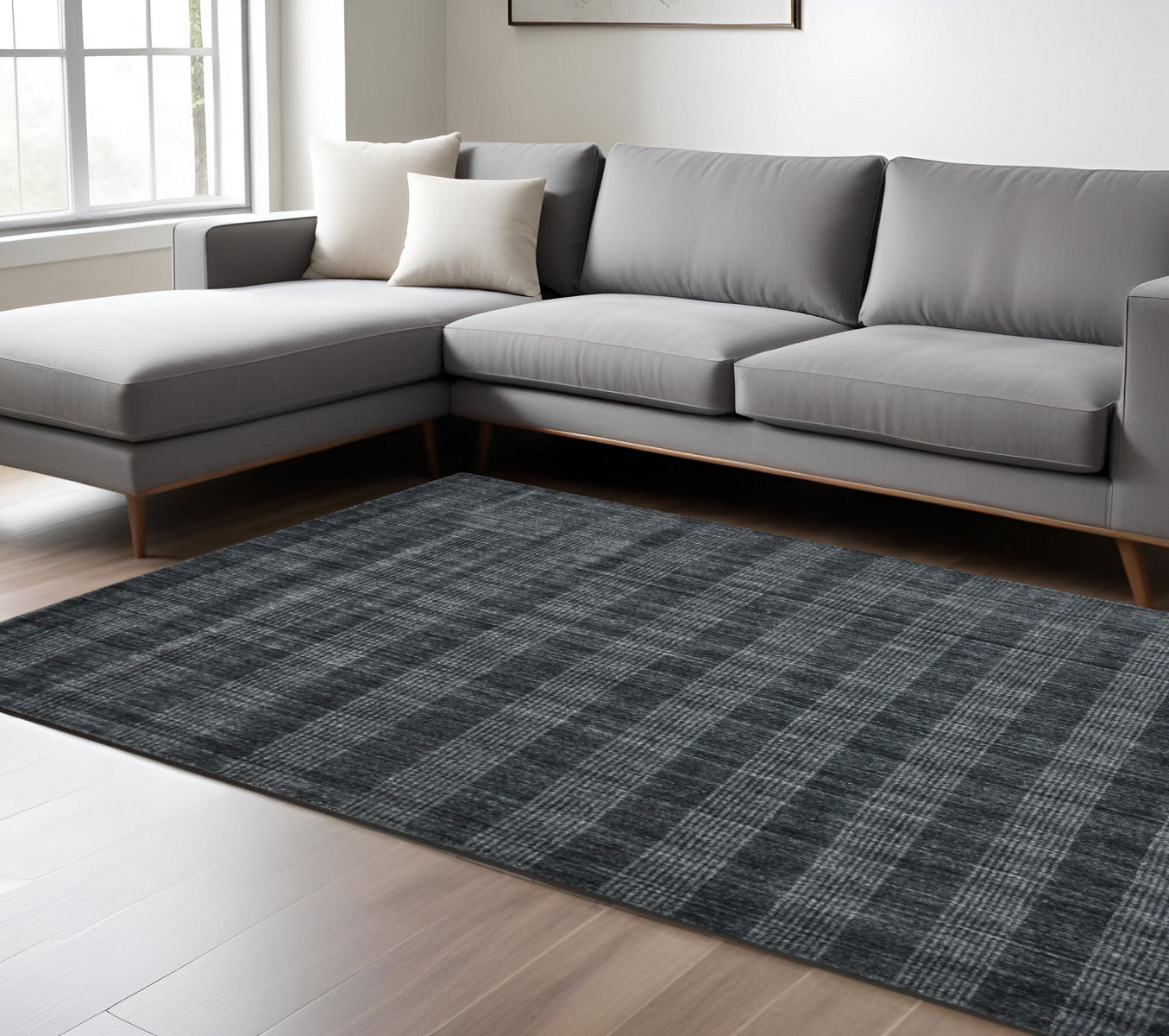 9 X 12 Charcoal And Gray Wool Plaid Hand Woven Area Rug