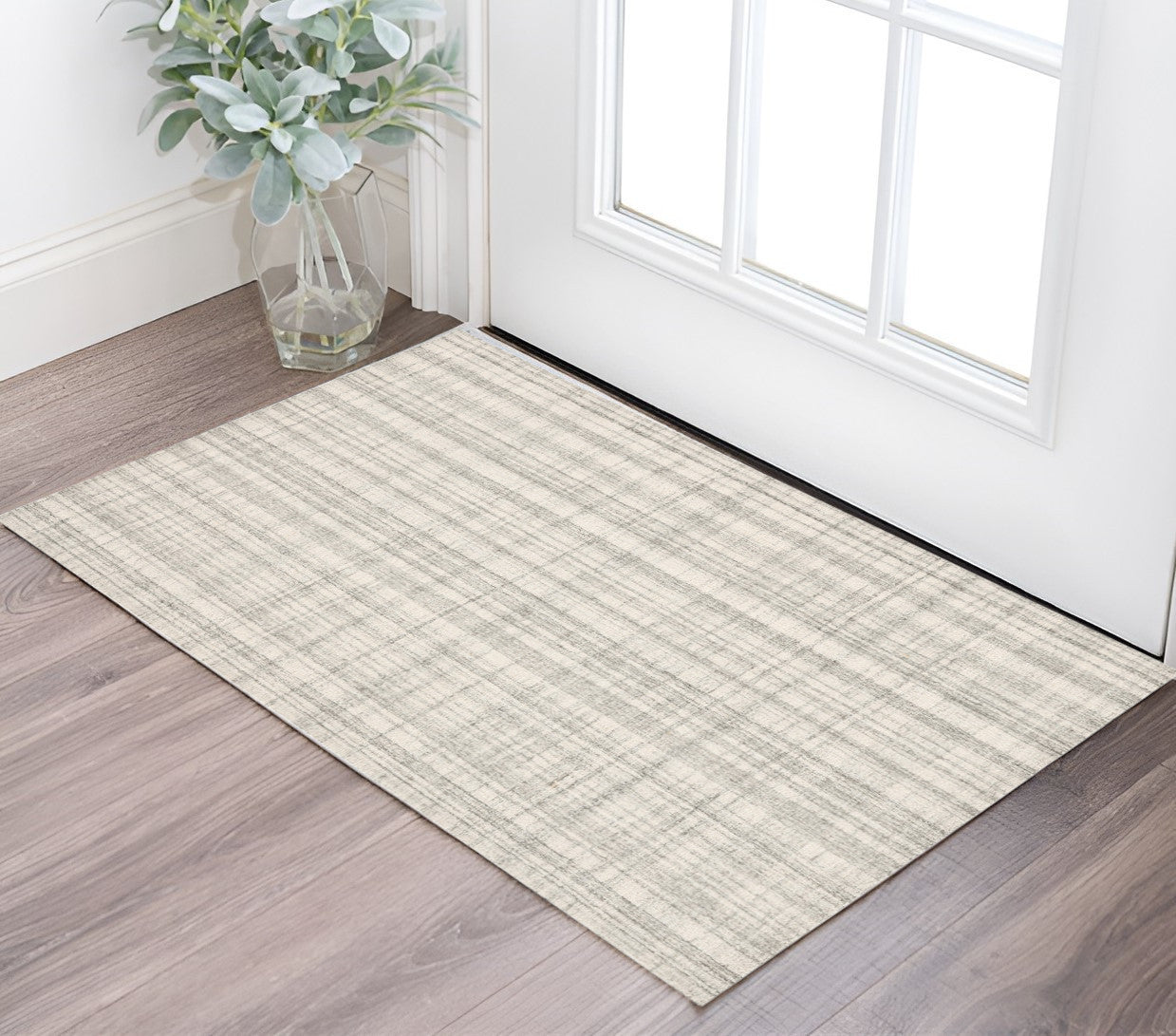 2 X 3 Ivory And Gray Wool Plaid Hand Tufted Area Rug