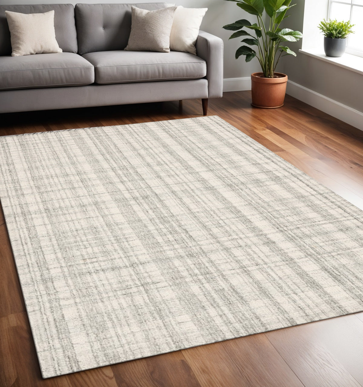 5 X 7 Ivory And Gray Wool Plaid Hand Tufted Area Rug