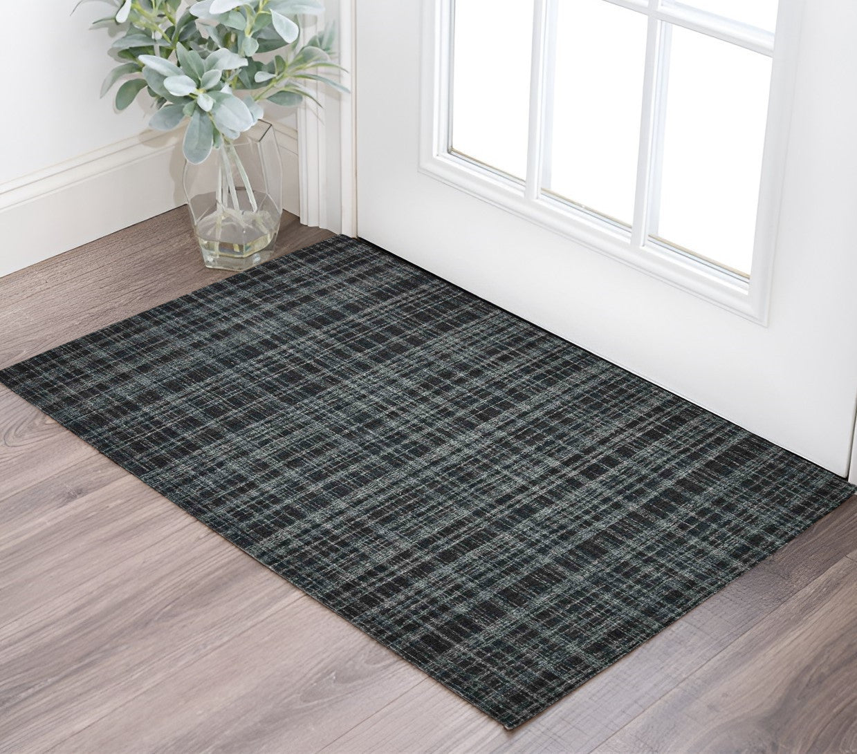 2 X 3 Black Ivory And Charcoal Wool Plaid Hand Tufted Area Rug