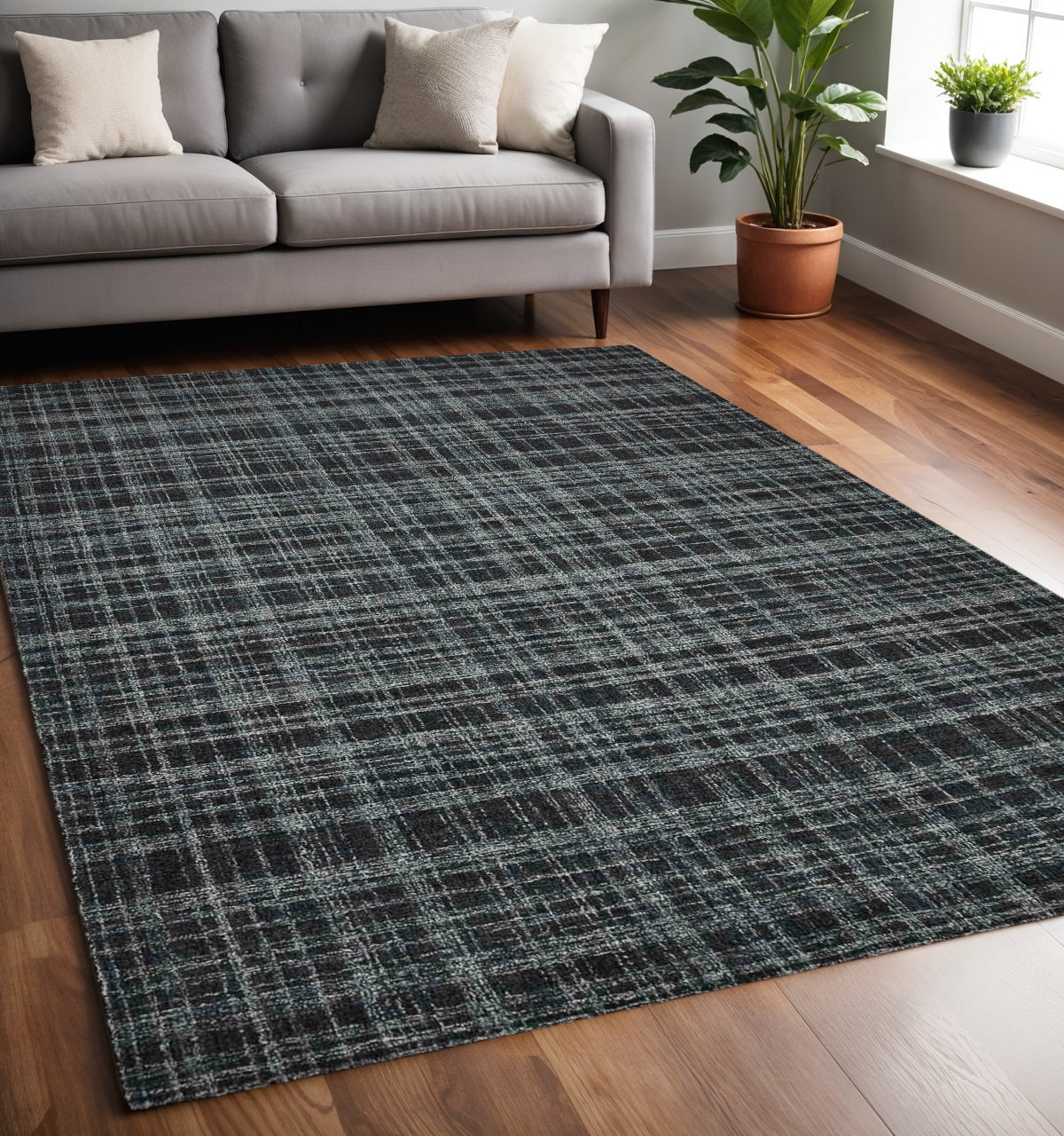 5 X 7 Black Ivory And Charcoal Wool Plaid Hand Tufted Area Rug
