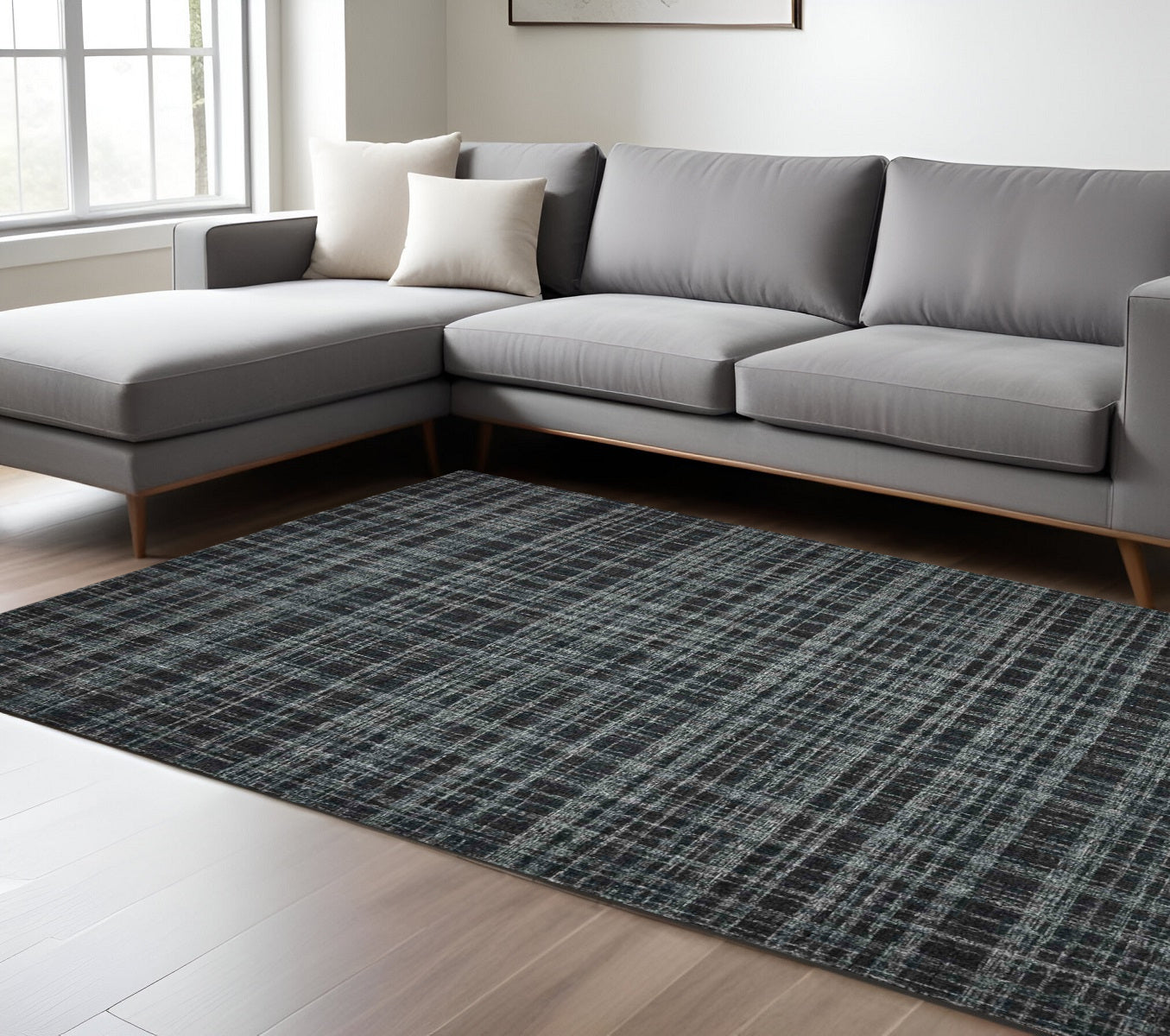 8 X 10 Black Ivory And Charcoal Wool Plaid Hand Tufted Area Rug
