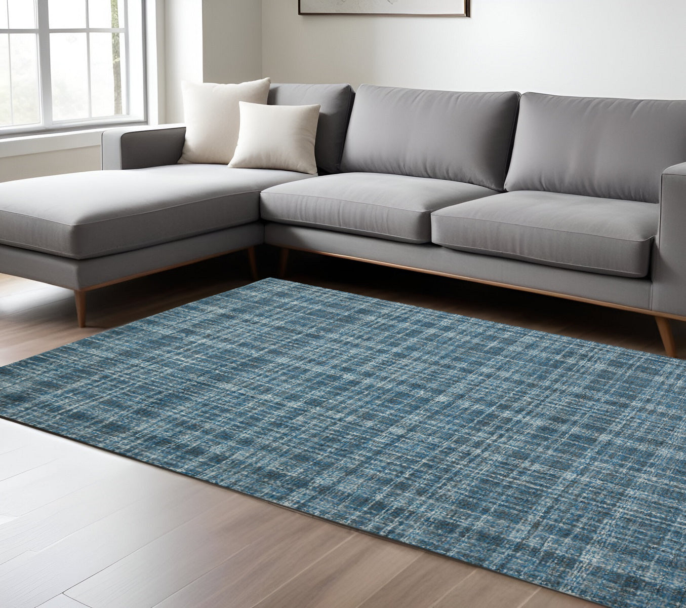 8 X 10 Turquoise Gray And Ivory Wool Plaid Hand Tufted Area Rug