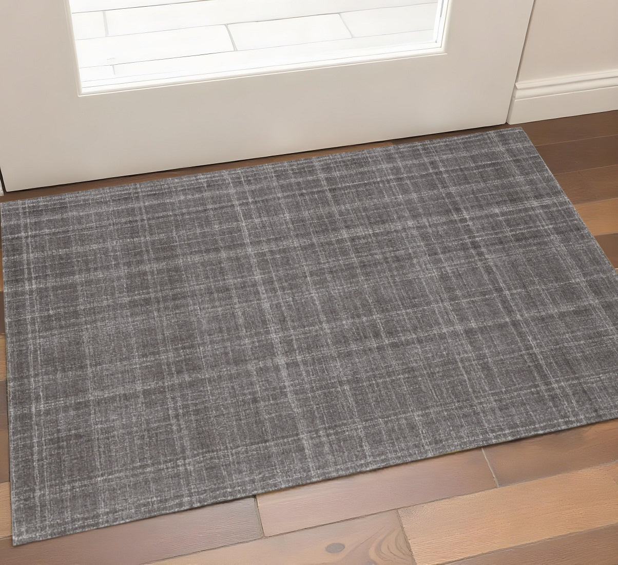 2 X 3 Graphite And Ivory Wool Plaid Hand Tufted Area Rug