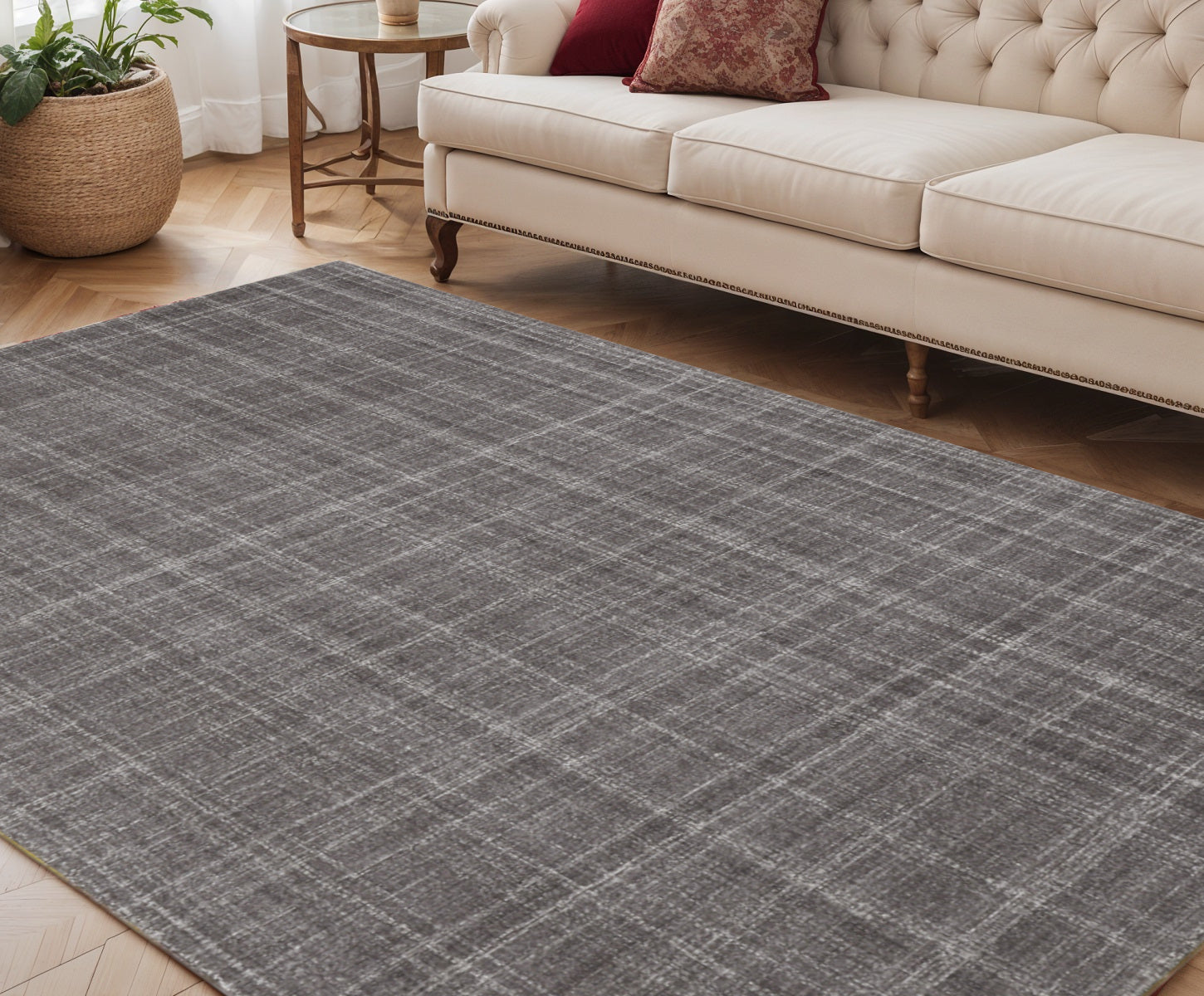 5 X 7 Graphite And Ivory Wool Plaid Hand Tufted Area Rug