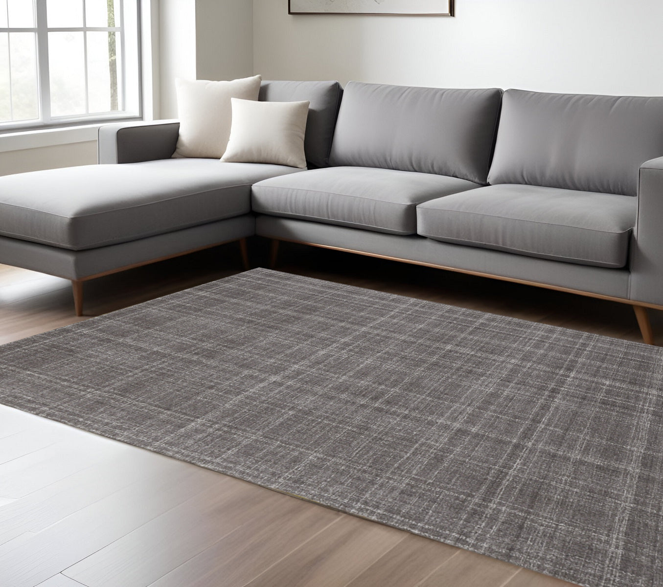 8 X 10 Graphite And Ivory Wool Plaid Hand Tufted Area Rug