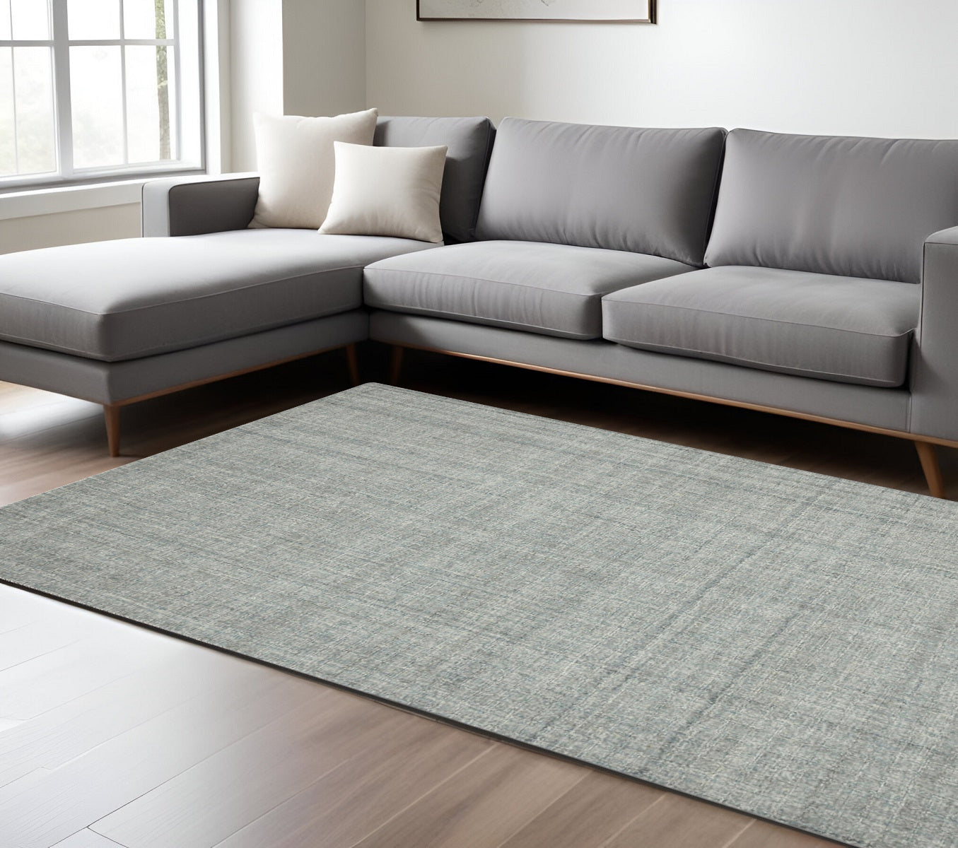 8 X 10 Gray Blue And Ivory Wool Plaid Hand Tufted Area Rug