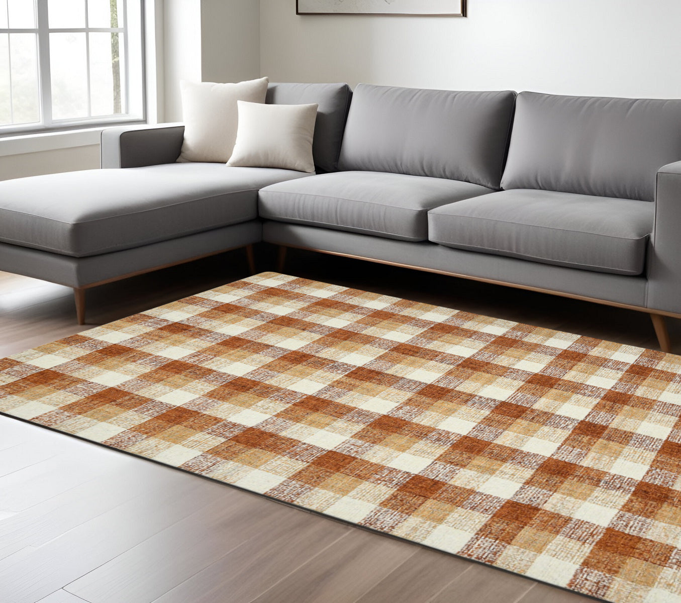 8 X 10 Orange Beige And Brick Red Wool Plaid Hand Tufted Area Rug