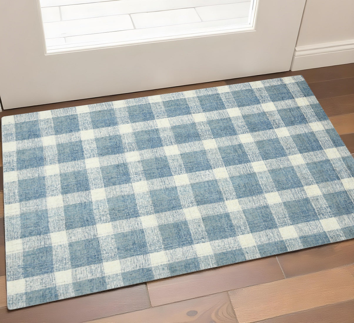2 X 3 Blue And Ivory Wool Plaid Hand Tufted Area Rug