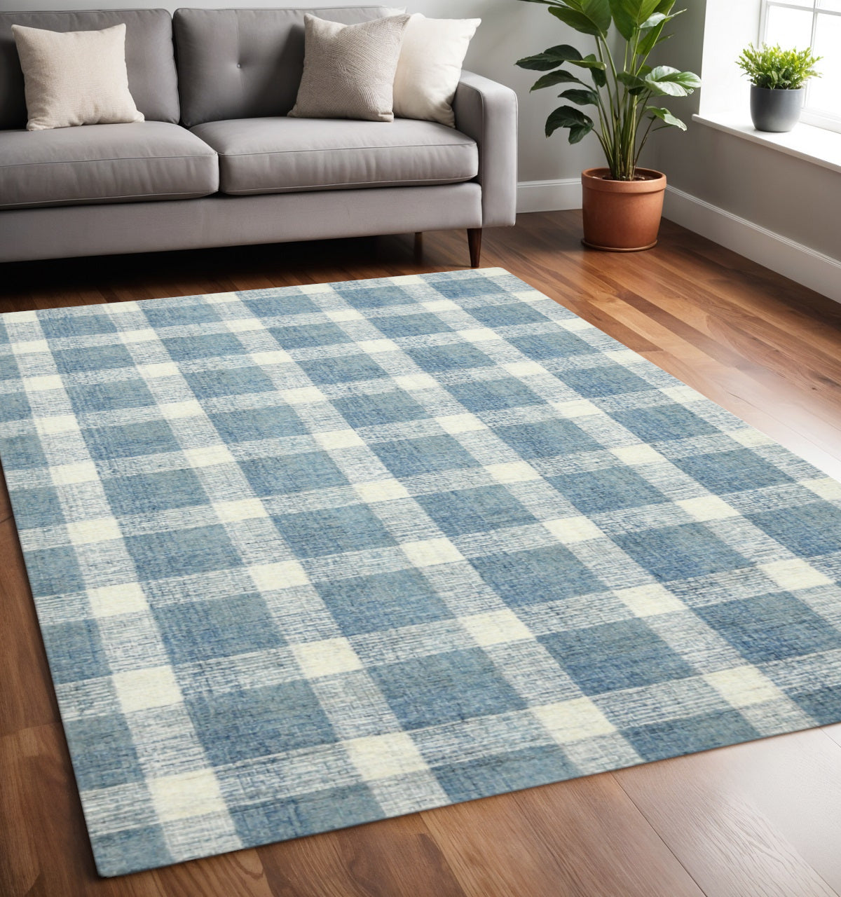 5 X 7 Blue And Ivory Wool Plaid Hand Tufted Area Rug
