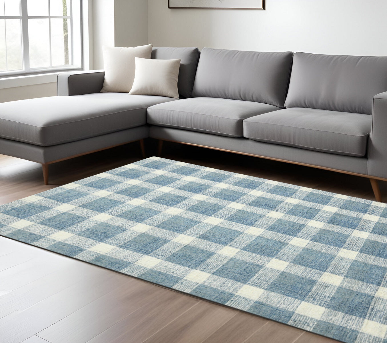 9 X 13 Blue And Ivory Wool Plaid Hand Tufted Area Rug