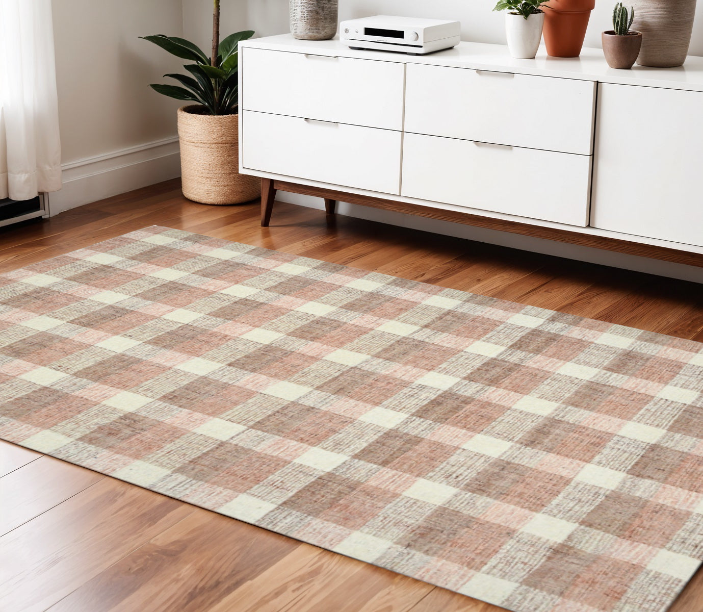 4 X 6 Pink And Ivory Wool Plaid Hand Tufted Area Rug