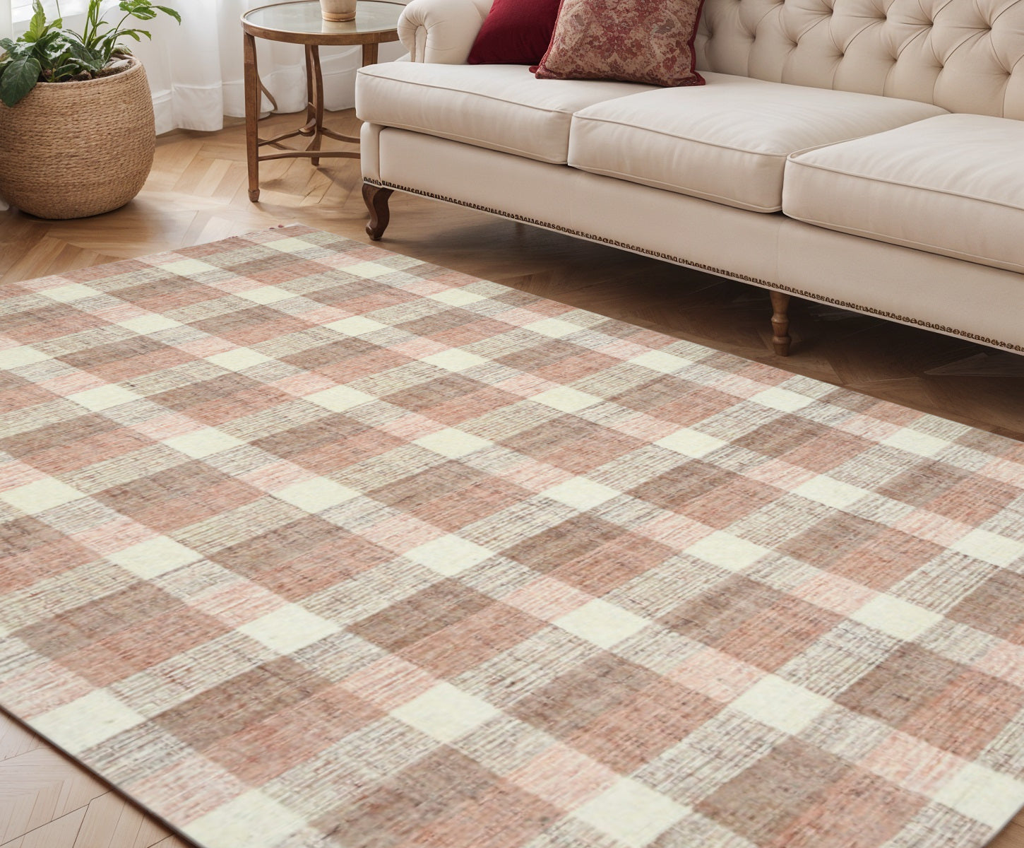 5 X 7 Pink And Ivory Wool Plaid Hand Tufted Area Rug